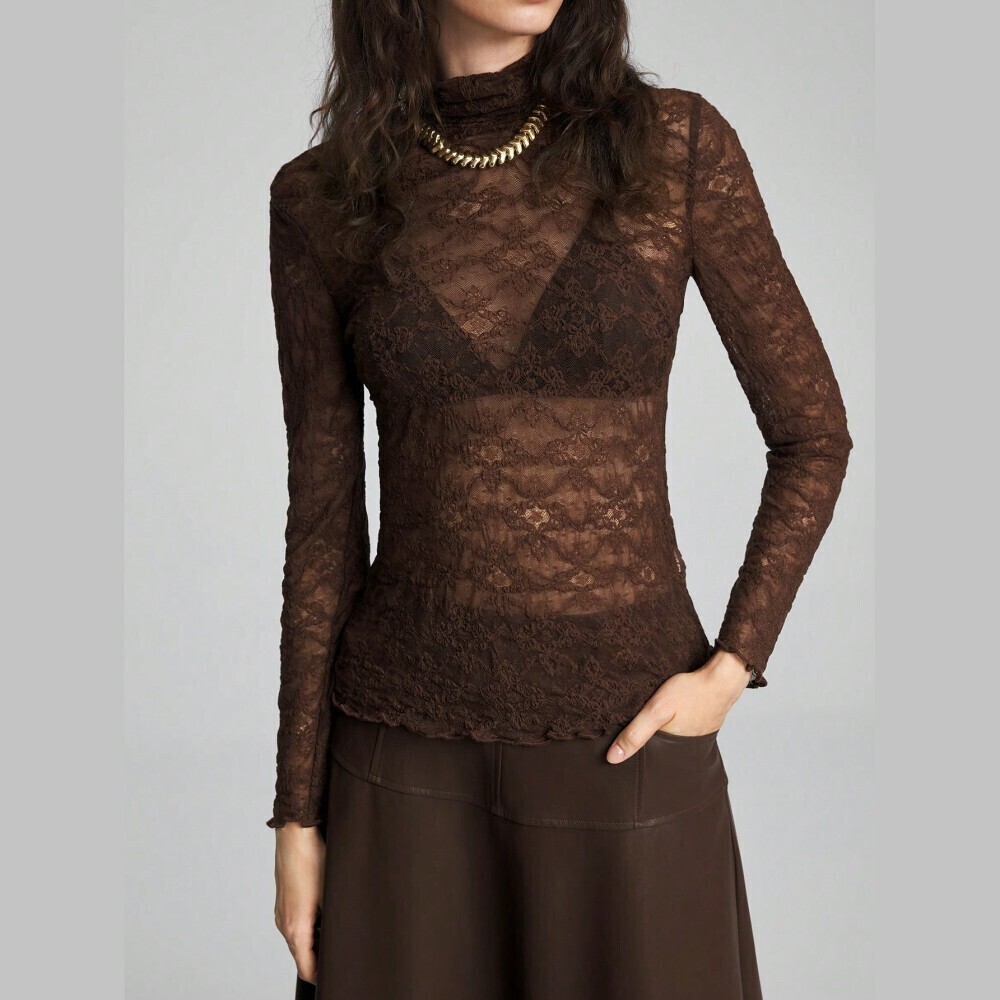 Brown Sheer Lace Mock Neck Long Sleeve Fitted Top